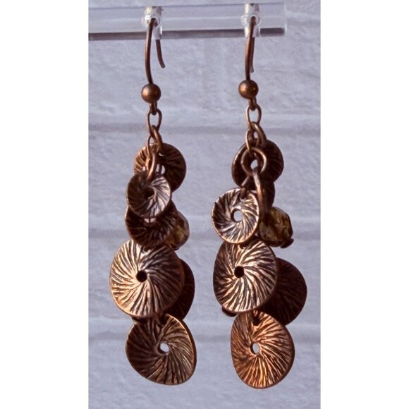 Vintage 1990s Chico’s Copper Medallion Cluster Dangle Earrings Amber Beads NOS - Picture 8 of 9